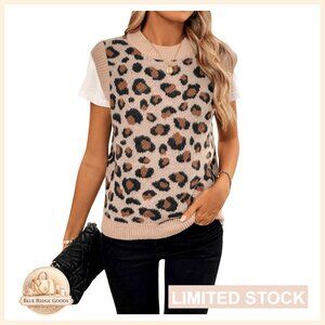 Leopard Print Sweater Vest Crewneck Sleeveless Knitted Pullover Top